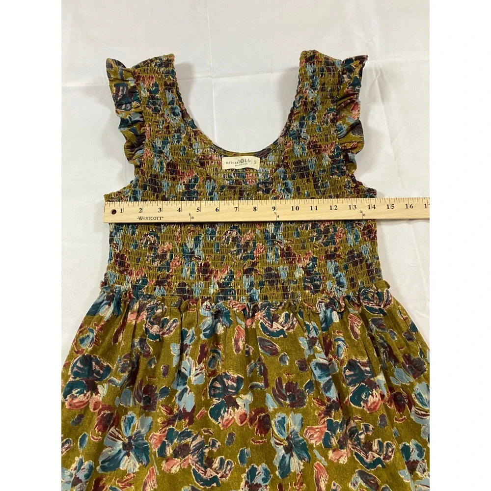 Natural Life Women Olive Green Floral Smocked Tiered Ruffle Maxi Dress Small - Picture 8 of 9